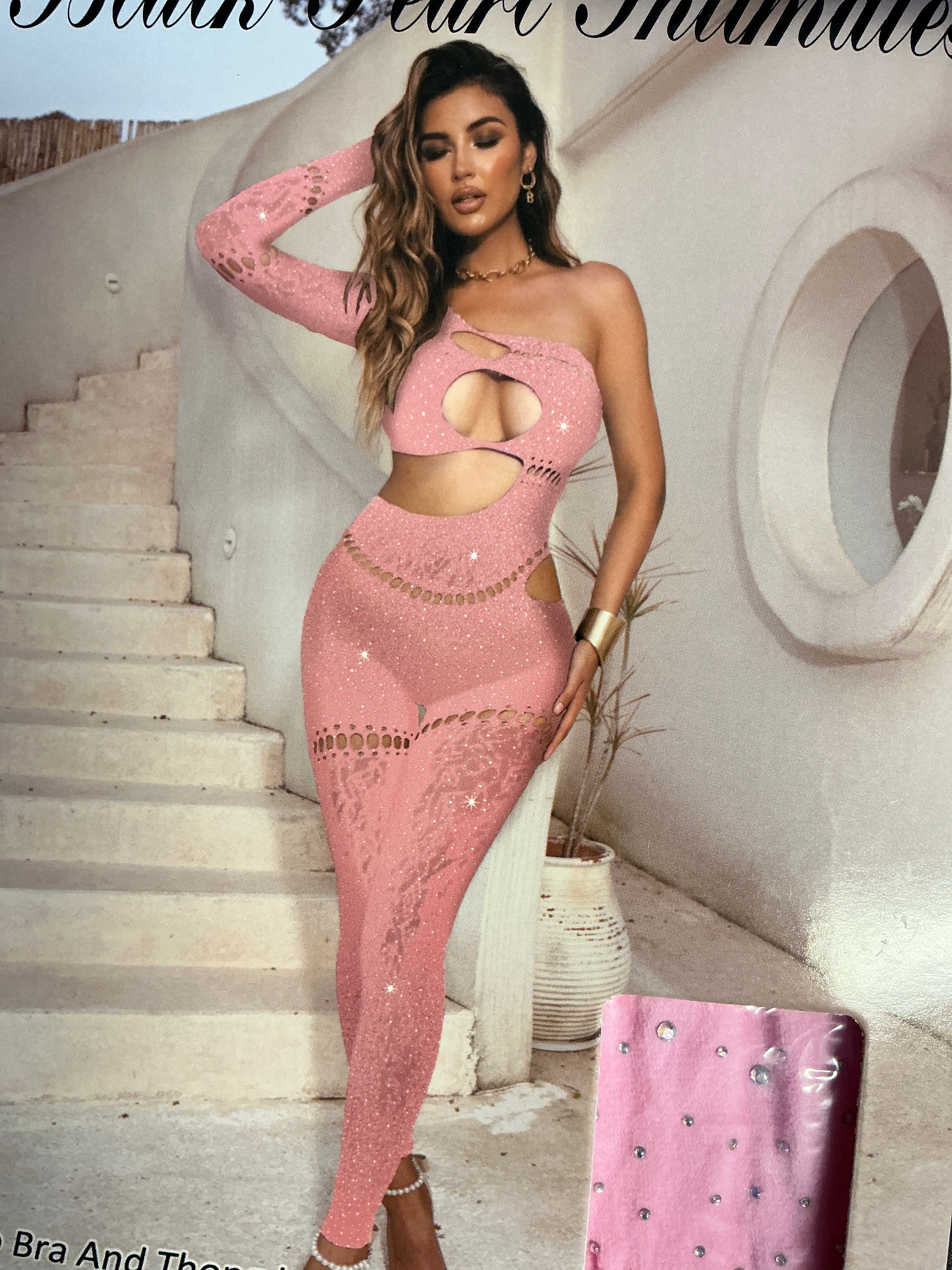Pink One Arm Cut Out Lace Bling Thick Bodysuit