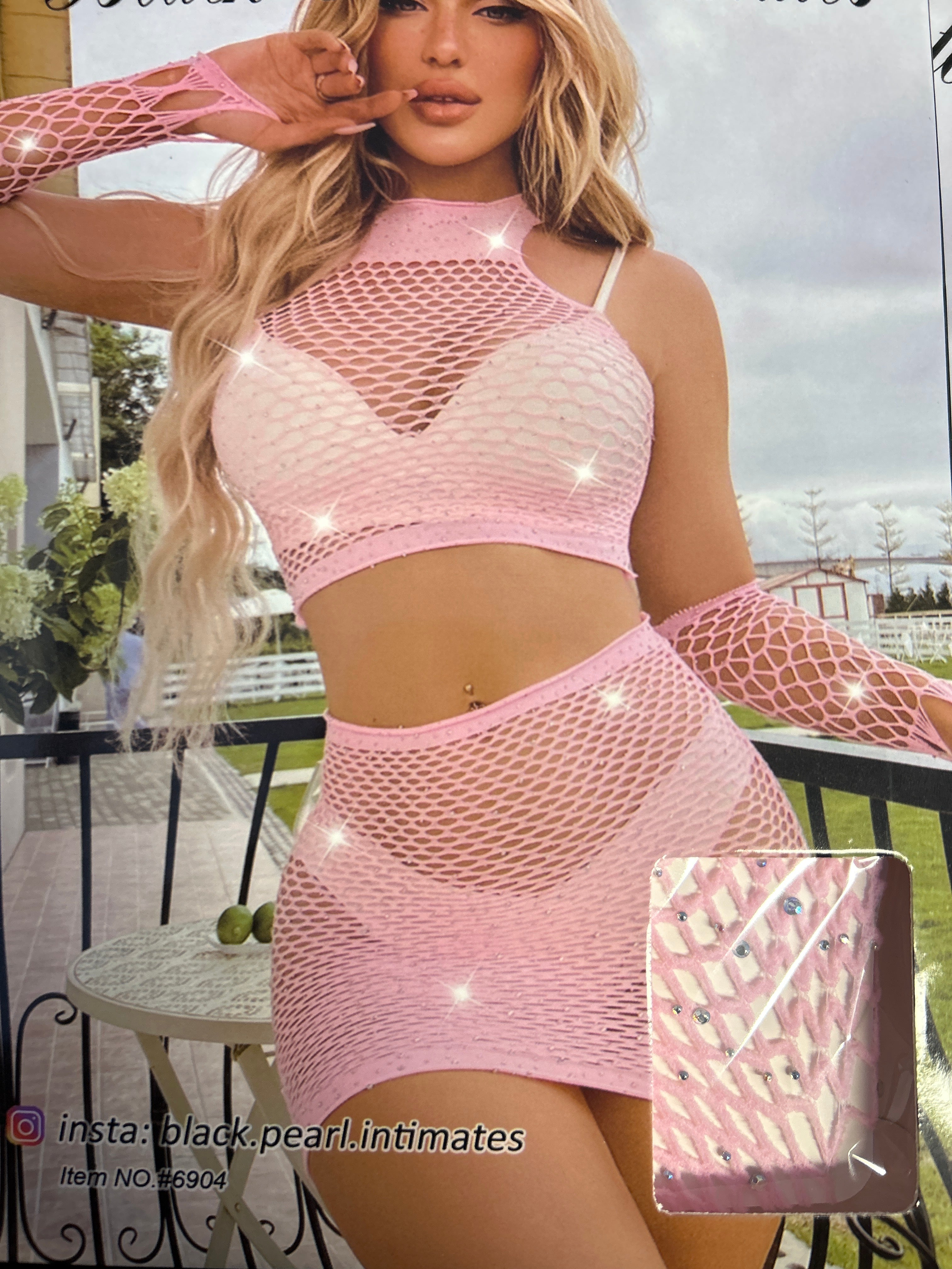 Candy Pink 4pc Fishnet Bling Skirt W/Glove Set