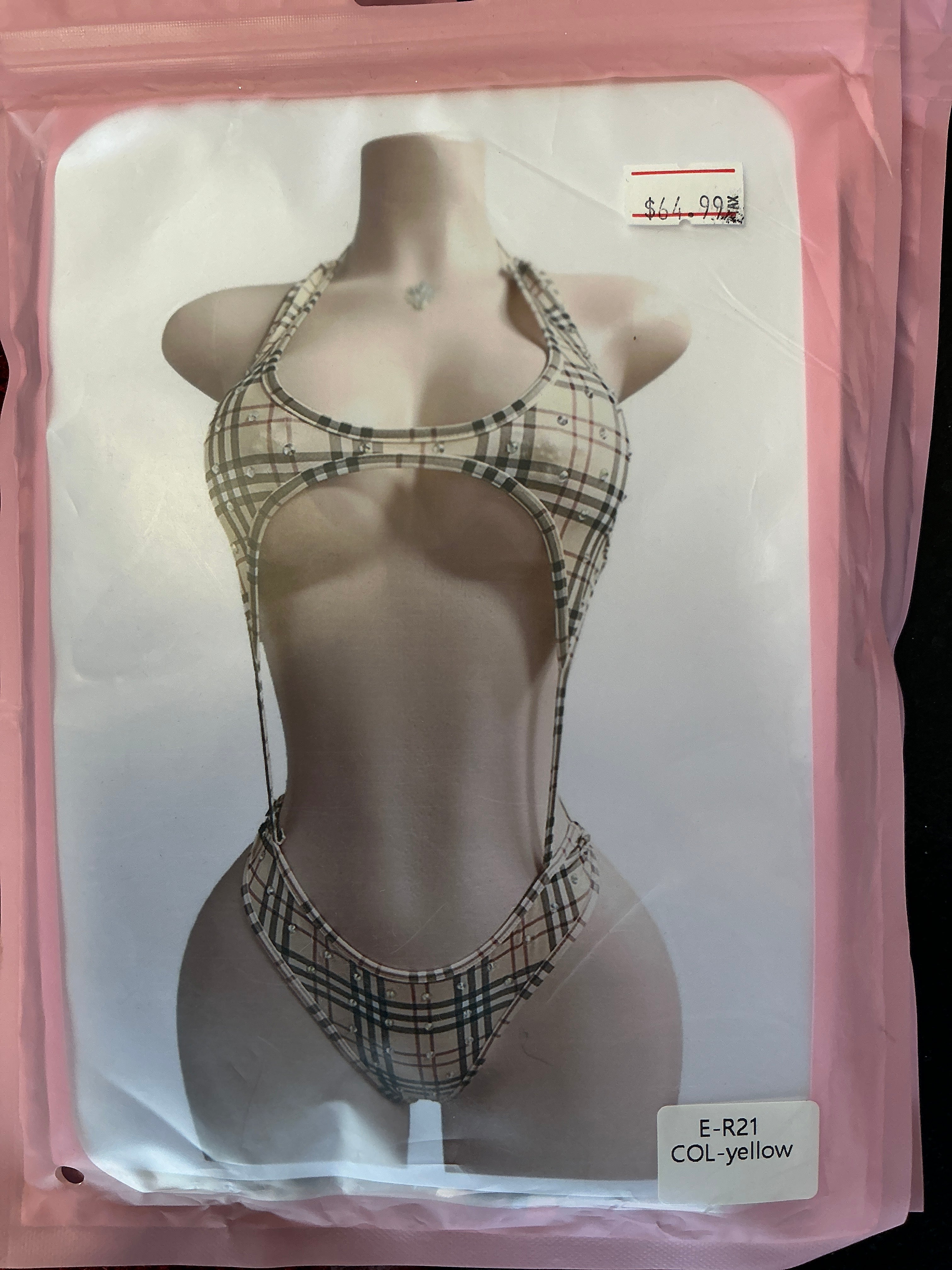 Black, red diamond. One Piece bikini.