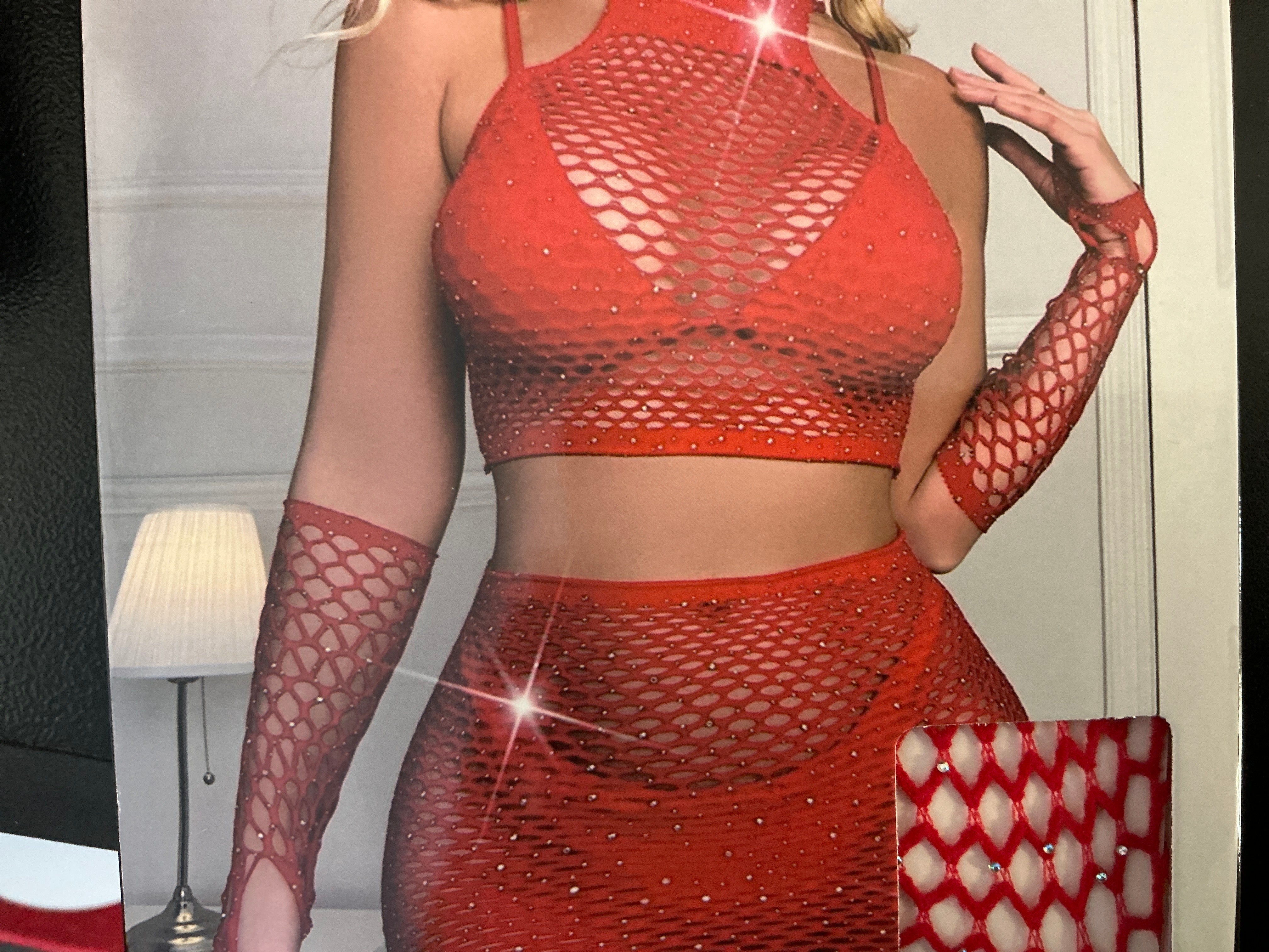 Red 4pc Fishnets Bling Set Skirt