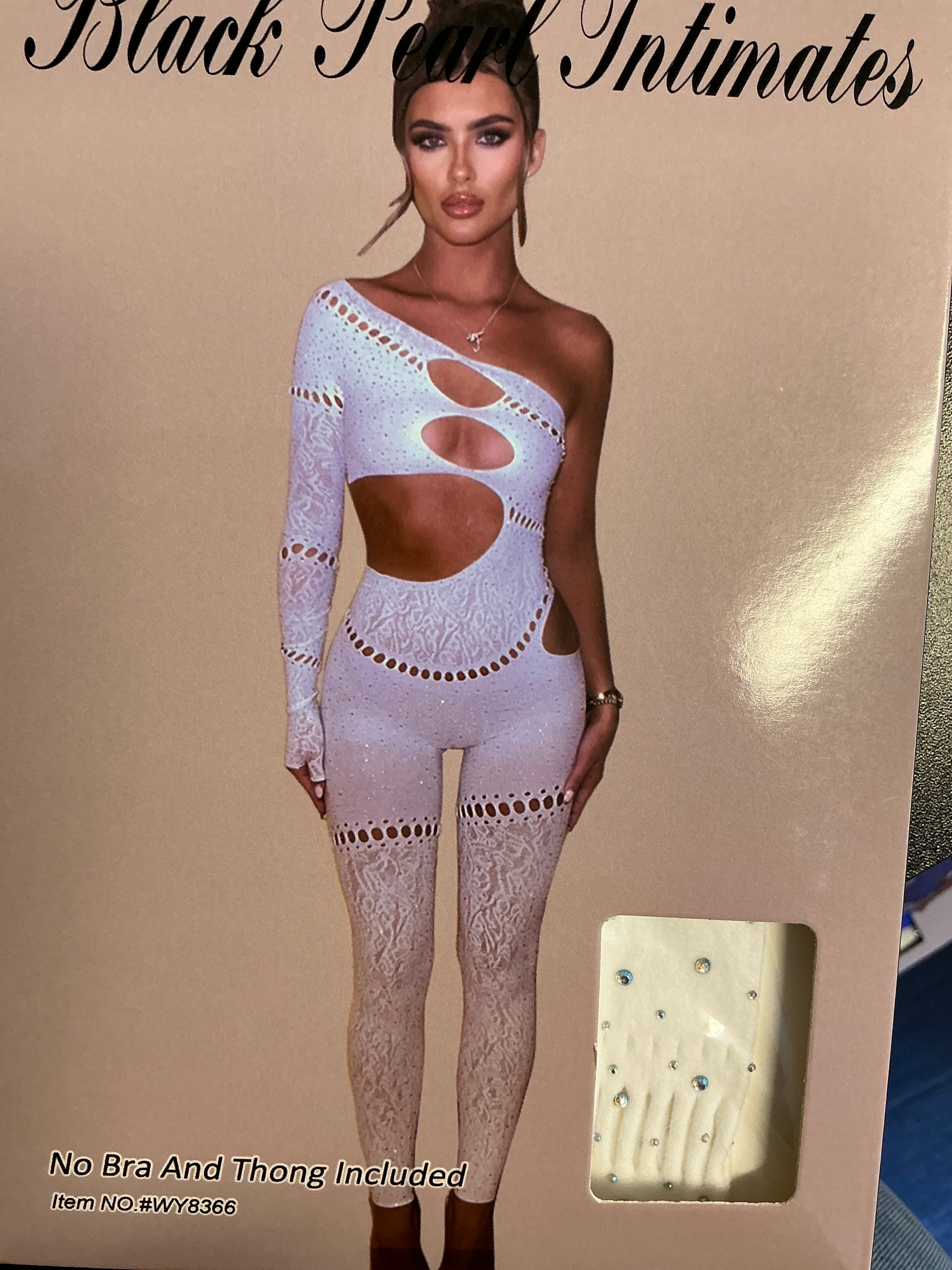 White One Arm Cut Out Lace Bling Thick Bodysuit