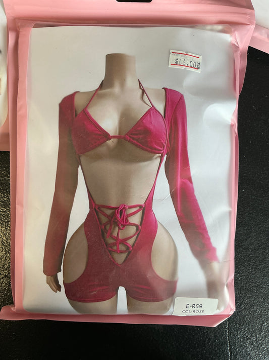 Long sleeve, open front romper with tight up front bikini and top