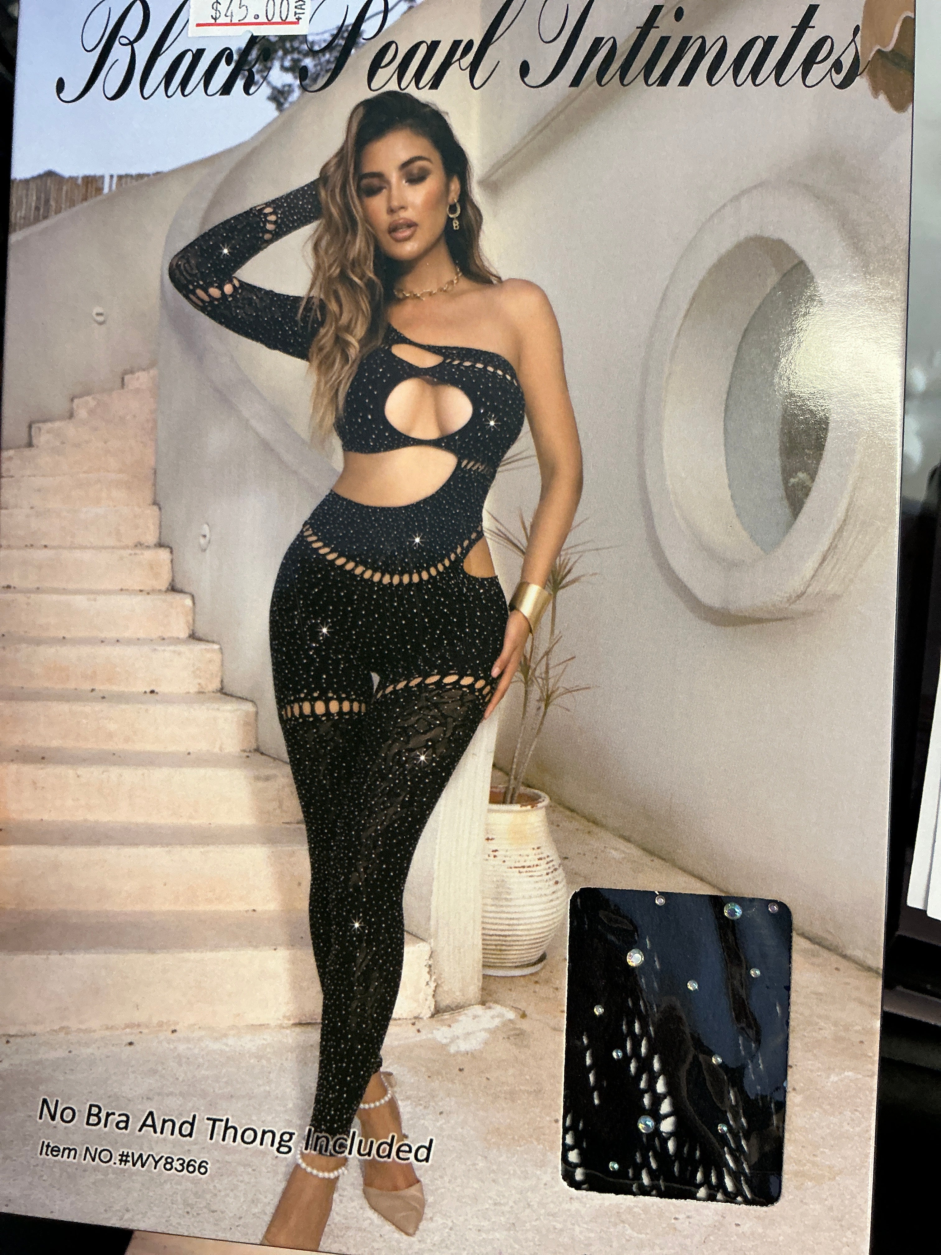 Black One Arm Cut Out Lace Bling Thick Bodysuit