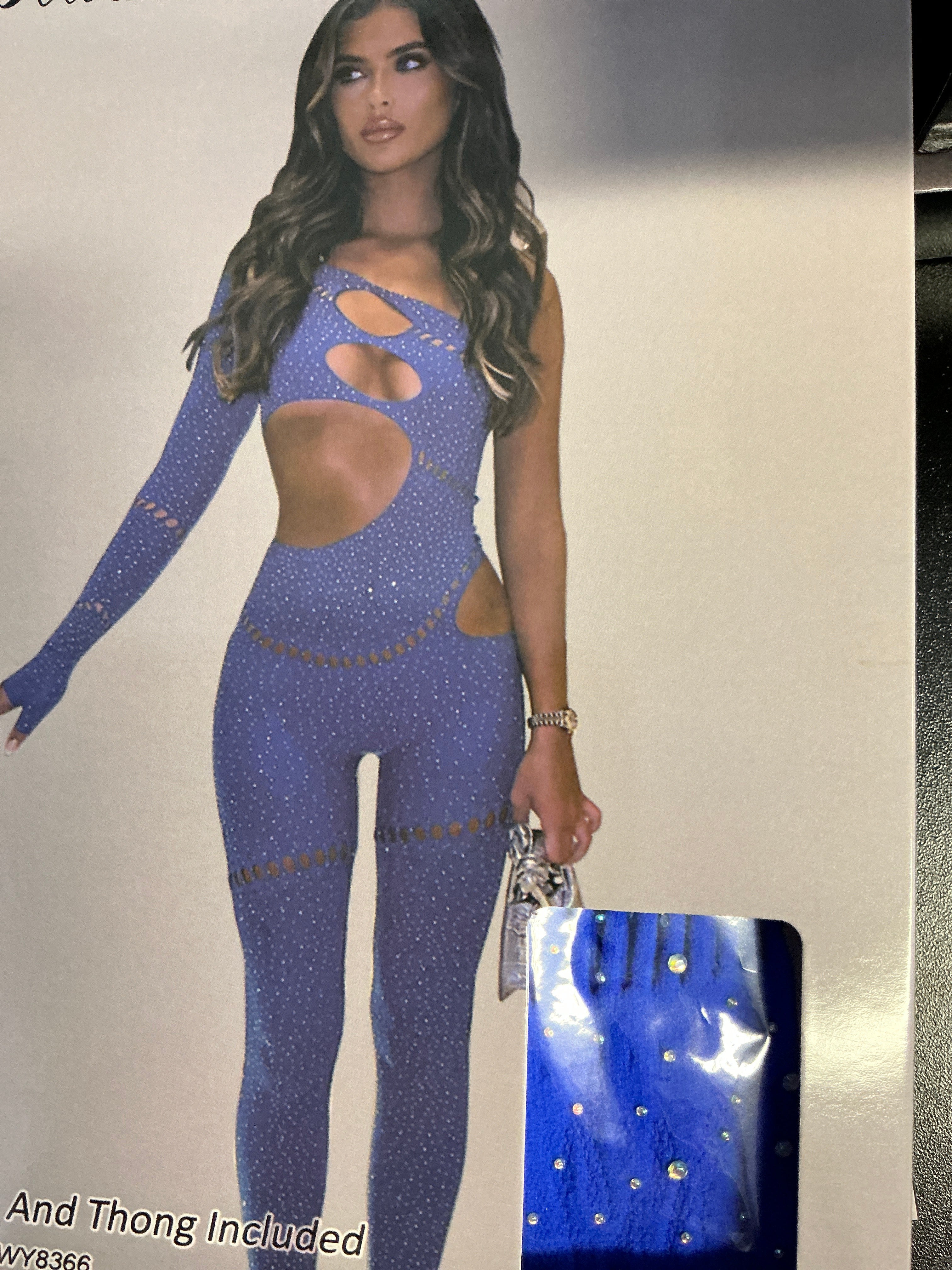Blue One Arm Cut Out Lace Bling Thick Bodysuit