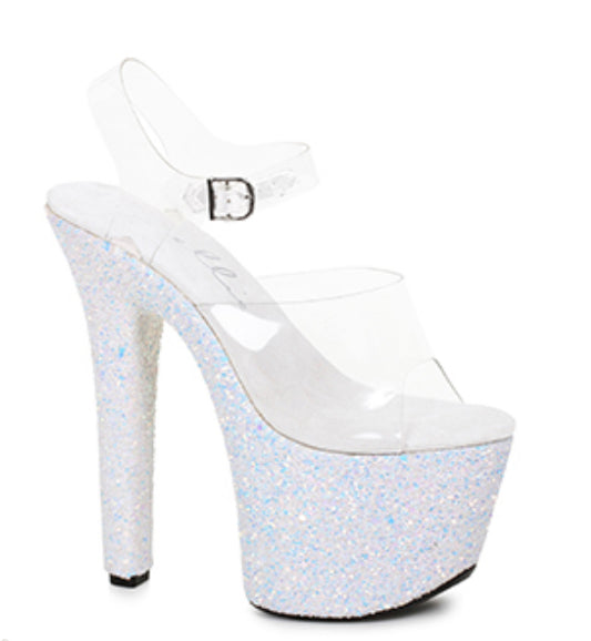 7" Pointed Stiletto Mule Sandal With Glitter Platform white